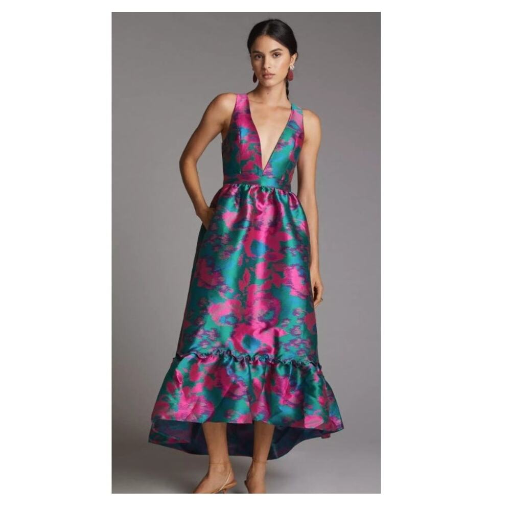 Anthropologie Hutch Jacquard High Low Deep V-Neck Midi Dress Pink Combo Size 10